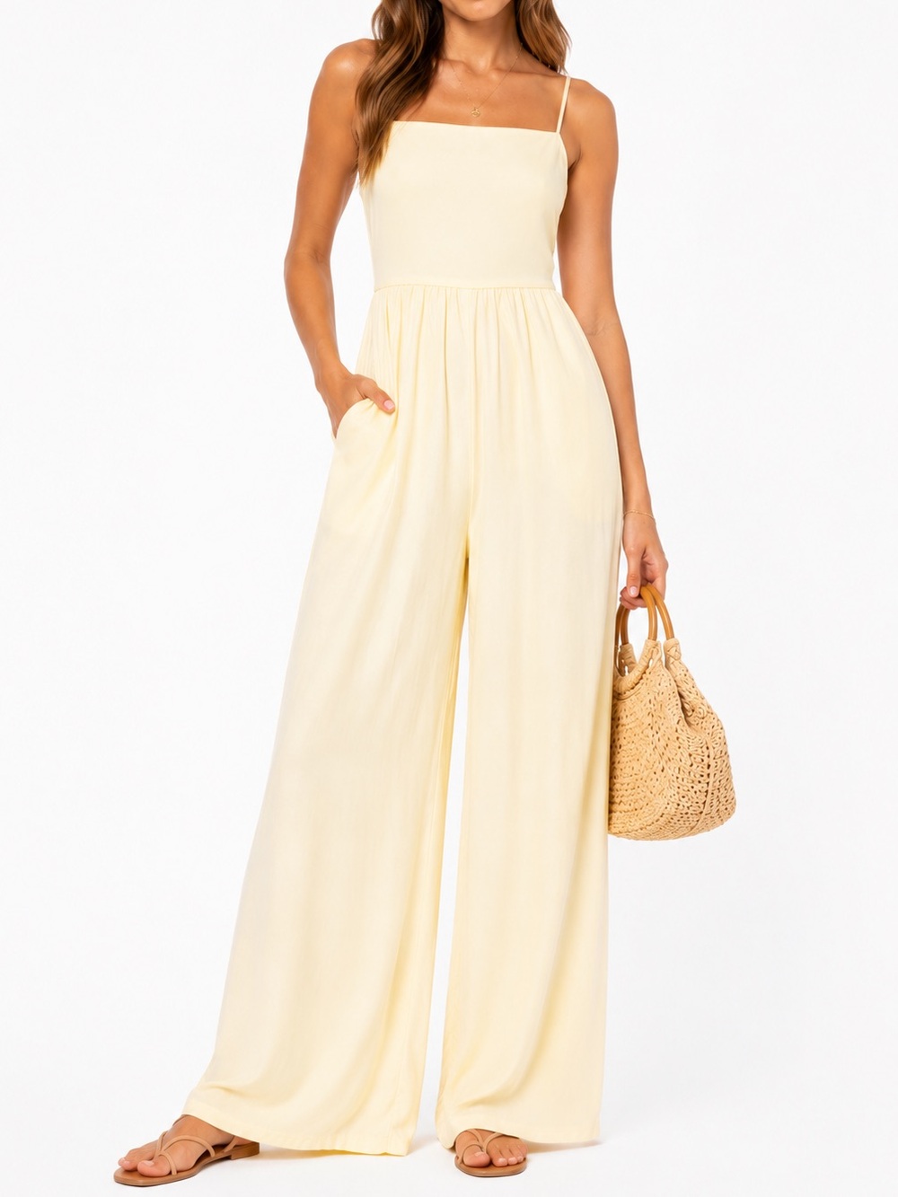 Wilfred Aritzia Butter Yellow Wide Leg Jumpsuit Flowy Strappy Romper jumpsuit